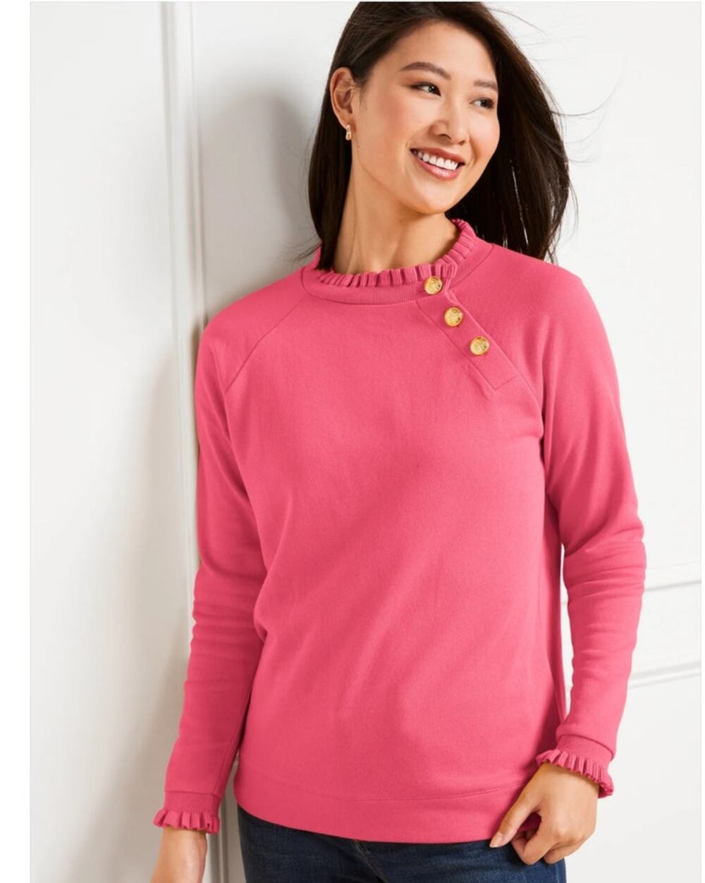 Talbots Pink Ruffle Neck Sweatshirt L 100% Cotton Button Detail Preppy Cozy Chic